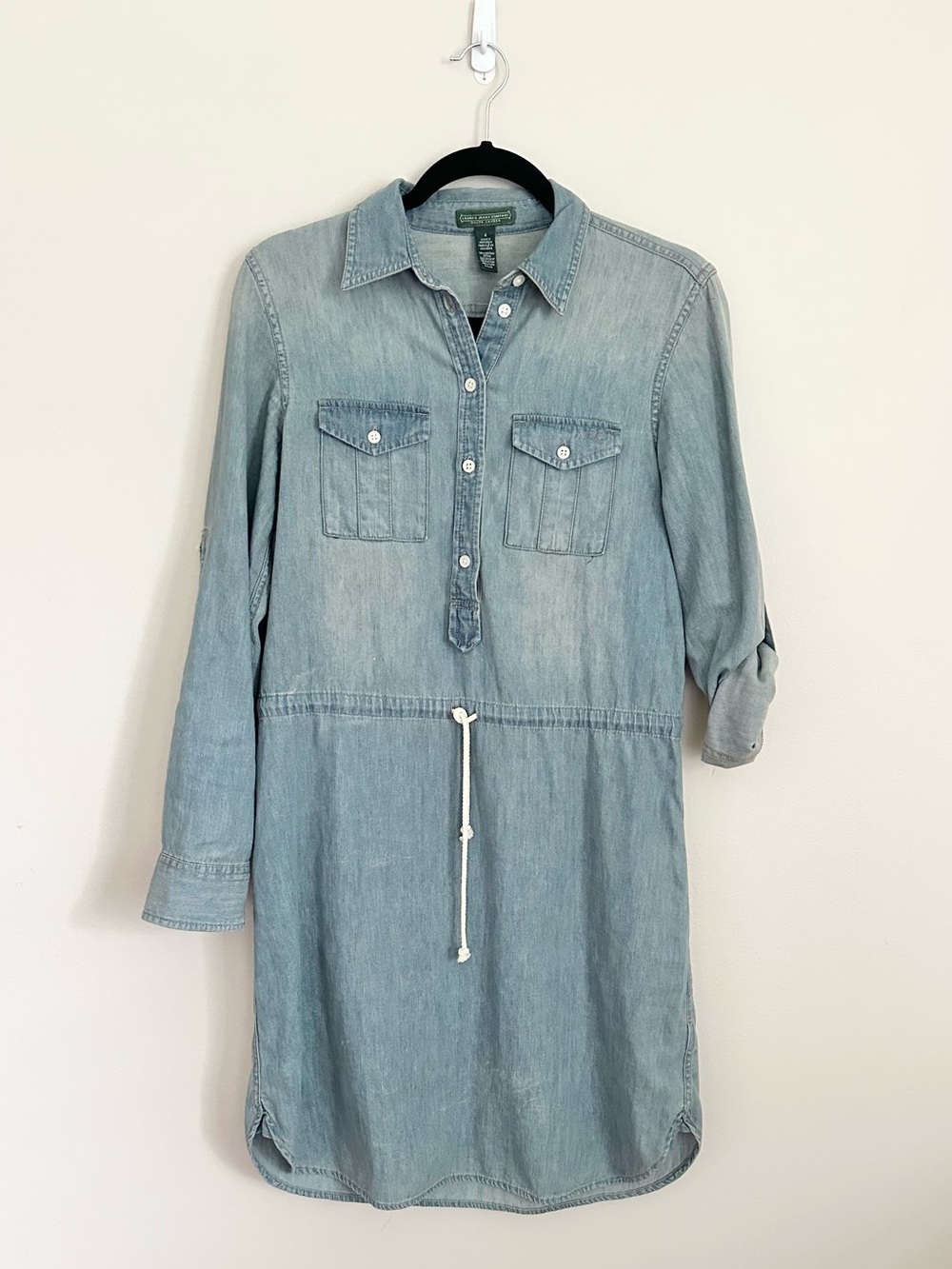 Lauren Jeans Co Chambray Shirt Dress Size 4 Light Wash Denim Drawstring Waist RL